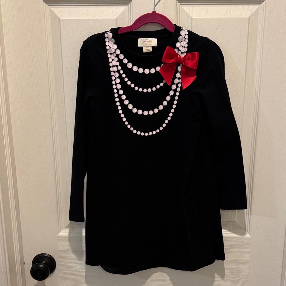 Like New Kate Spade Girls Black Dress with Faux Pearl Design and Red Bow